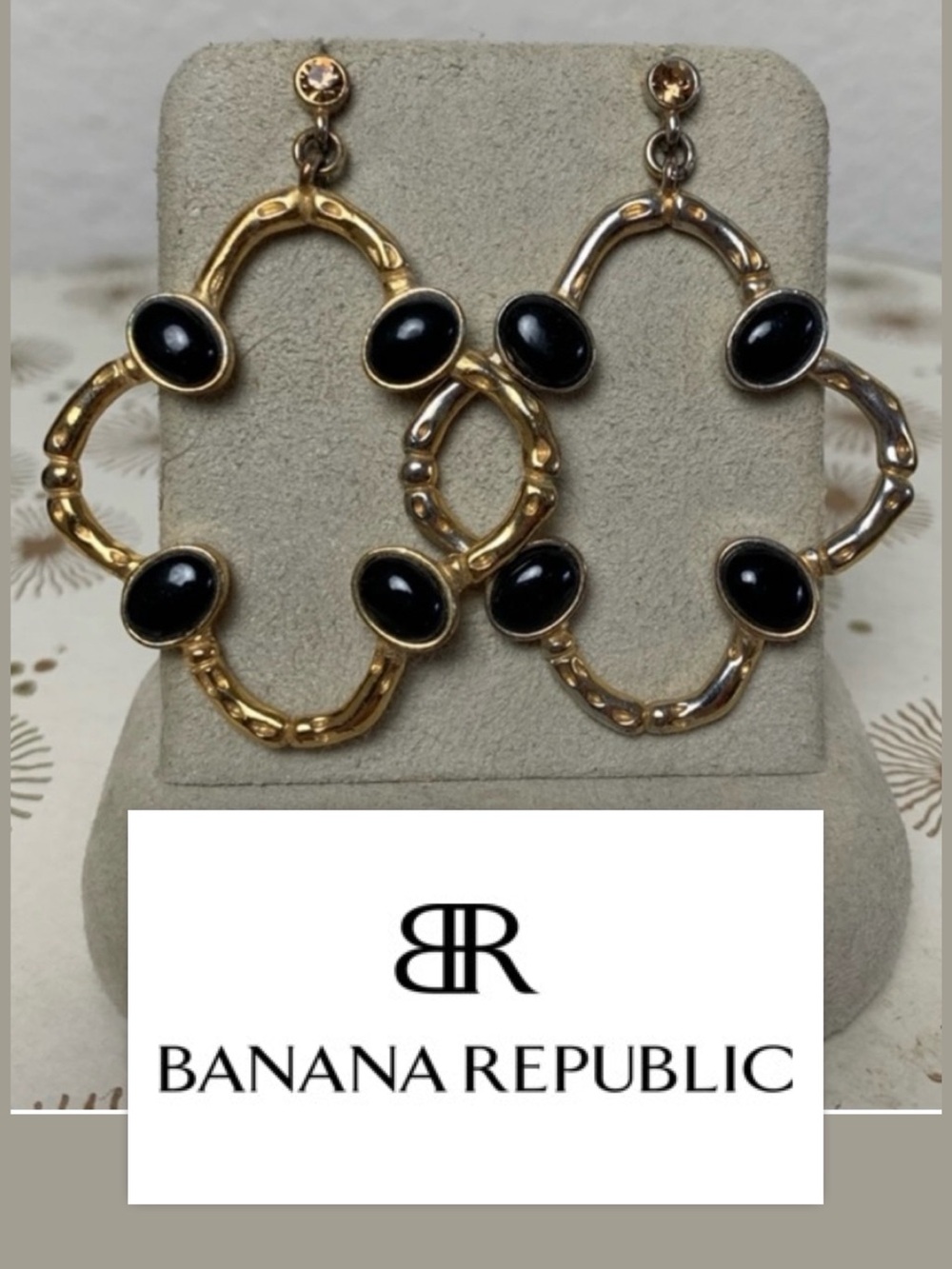 Banana Republic Gold and Black Quatrefoil Drop Earrings